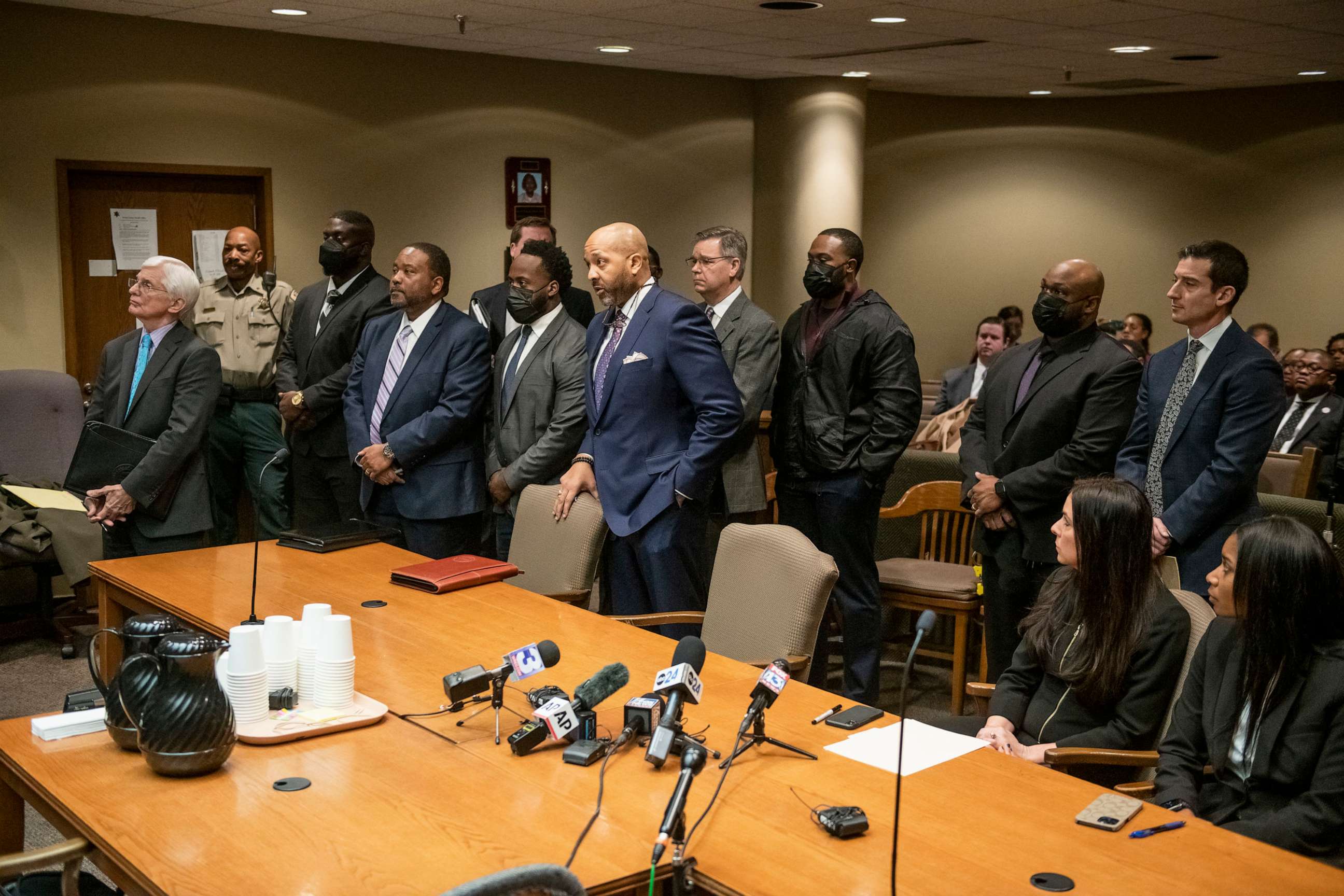 PHOTO: The former Memphis police officers accused of murder in the death of Tyre Nichols appear with their attorneys at an indictment hearing at the Shelby County Criminal Justice Center, Feb. 17, 2023, in Memphis.