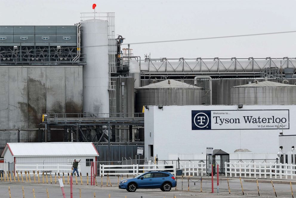 PHOTO: A worker leaves the Tyson Foods pork plant in Waterloo, Iowa, on May 1, 2020.