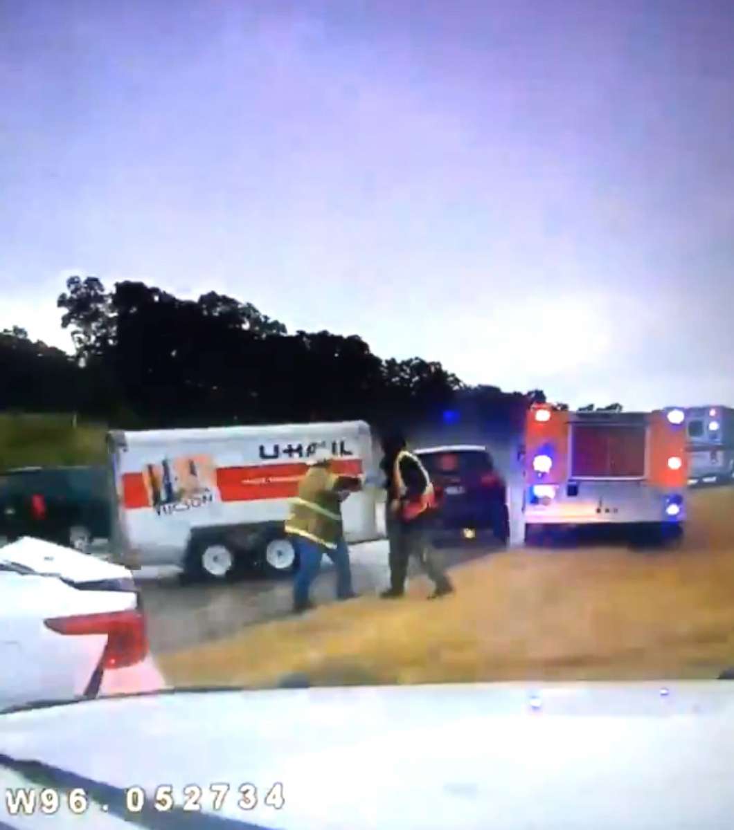 PHOTO: The Oklahoma Highway Patrol released dashcam footage of two firefighters being struck by a U-Haul as they were at the scene of a crash in Stringtown, Okla., Sept. 3, 2019.