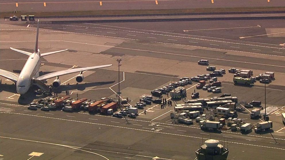 PHOTO: A United Emirates flight sits on the tarmac at JFK International Airport in New York with possible sick passengers on board, Sept. 5, 2018.