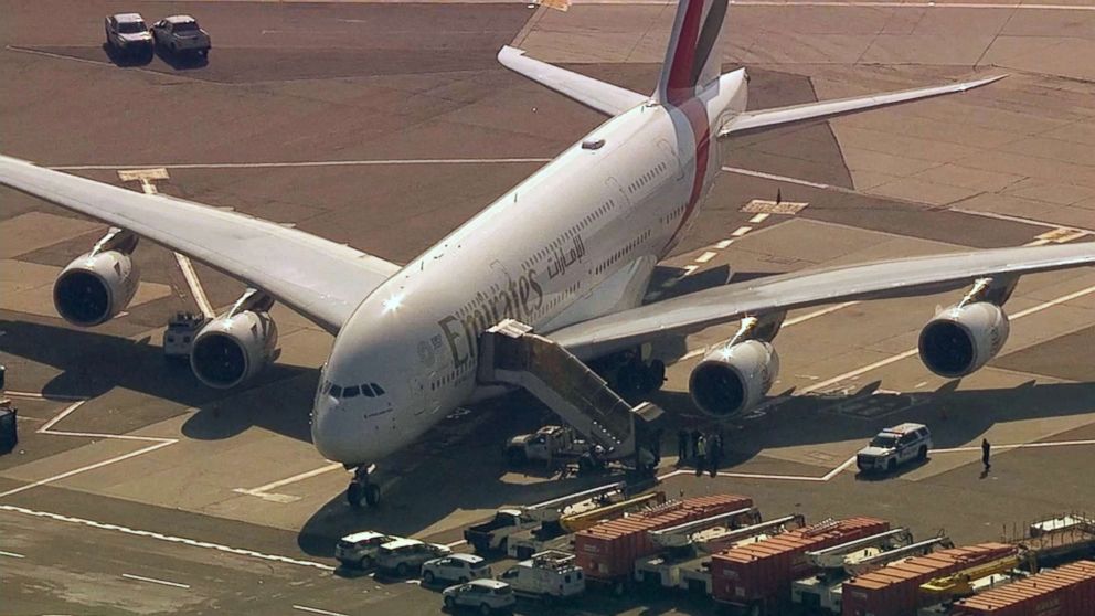 PHOTO: A United Emirates flight sits on the tarmac at JFK International Airport in New York with possible sick passengers on board, Sept. 5, 2018.