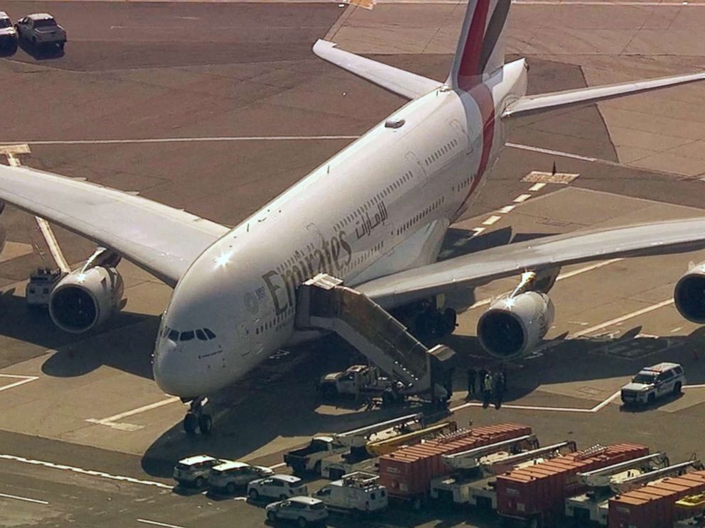 PHOTO: A United Emirates flight sits on the tarmac at JFK International Airport in New York with possible sick passengers on board, Sept. 5, 2018.