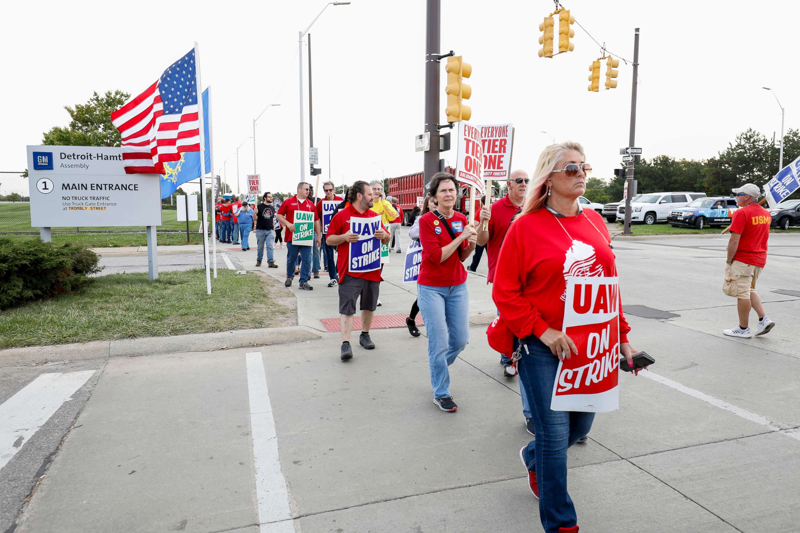 PHOTO: Striking United Auto Workers union members picket at the General Motors Detroit-Hamtramck Assembly Plant on September 25, 2019, in Detroit, Michigan.