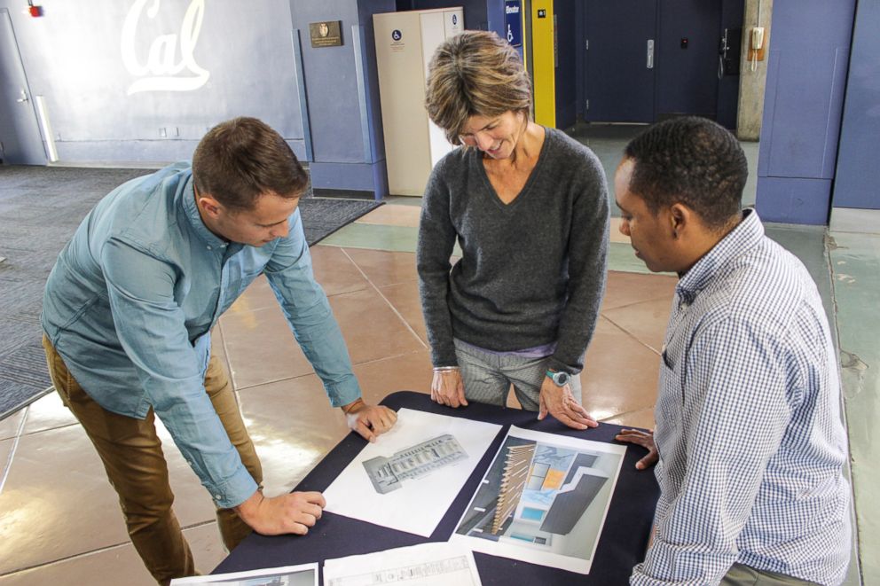 PHOTO: Left to right, Will Morrow, former ASUC President, Trineice Durst, former Associate Director of Rec Sports and Brigitte Lossing, Interim Associate Director of Rec Sports of UC Berkeley look over plans for the new lockerroom. 