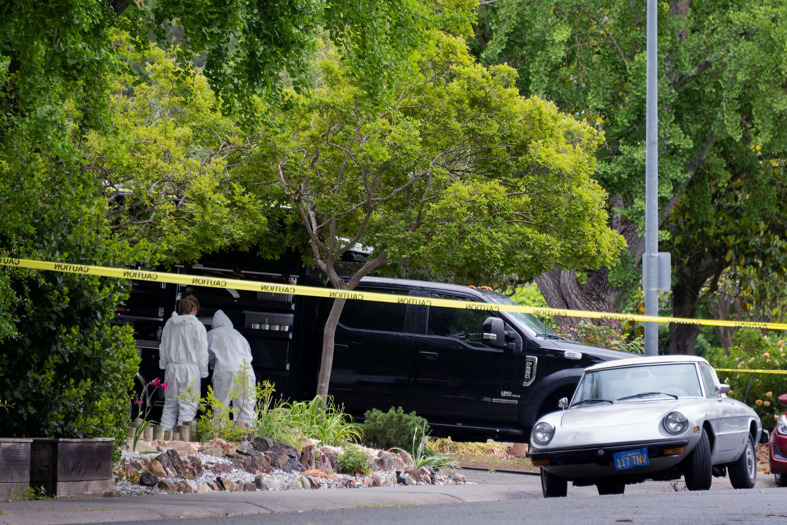 PHOTO: Police investigate a home on Hawthorne Lane in Davis, Calif., May 4, 2023, related to a series of three stabbings over the last week that left two men dead and a woman critically injured.