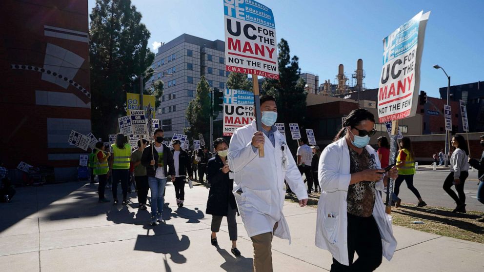 PHOTO: People participate in a protest outside the University of California Los Angeles campus in Los Angeles, Nov. 14, 2022.