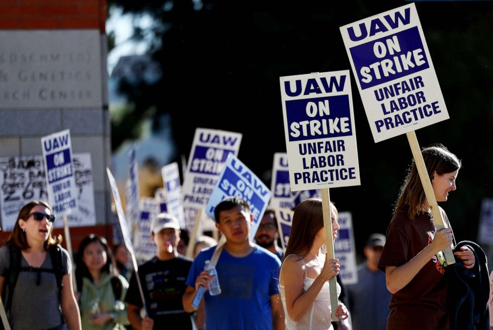 PHOTO: Union academic workers and supporters march and picket at the UCLA campus amid a statewide strike by nearly 48,000 University of California unionized workers on Nov. 15, 2022 in Los Angeles.