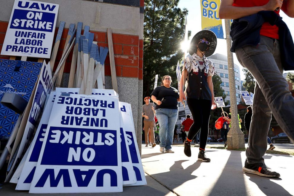 PHOTO: Union academic workers and supporters march and picket at the UCLA campus amid a statewide strike by nearly 48,000 University of California unionized workers on Nov. 15, 2022 in Los Angeles.