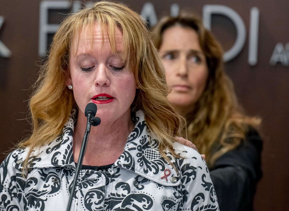 PHOTO: Survivor Kara Cagle speaks as fellow survivor Julie Wallach reaches out to comfort her during a news conference to announce a settlement in the UCLA sex abuse case of former UCLA gynecologist/oncologist James Heaps, in Irvine, Calif., Feb. 8, 2022.