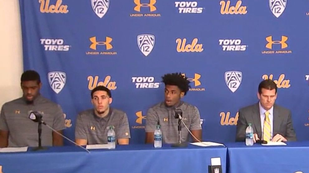 PHOTO: Cody Riley, LiAngelo Ball and Jalen Hill speak at a press conference at UCLA, Nov. 15, 2017.