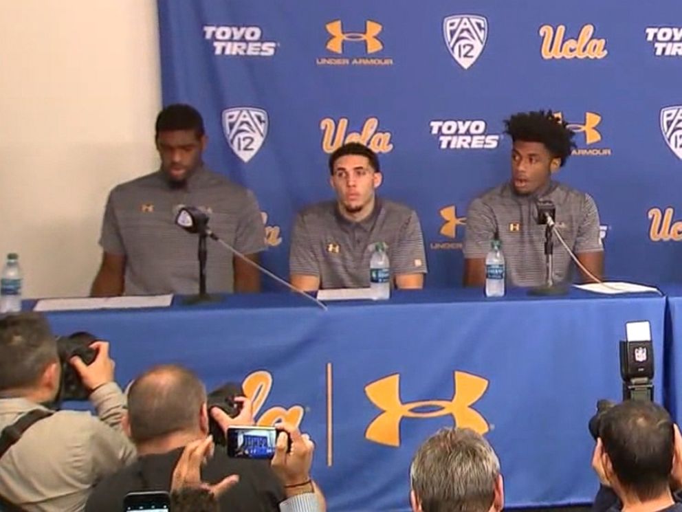 PHOTO: Cody Riley, LiAngelo Ball and Jalen Hill speak at a press conference at UCLA, Nov. 15, 2017.