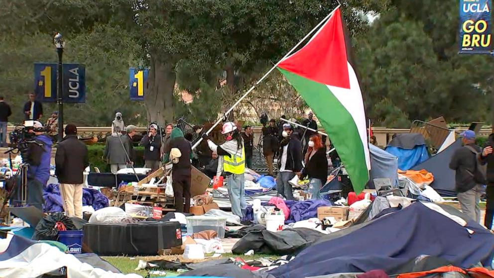 PHOTO: The remnants of an encampment are seen on the campus of UCLA in Los Angeles after a police raid led to the arrests of more than 100 pro-Palestinian protesters, Thursday, May 2, 2024.
