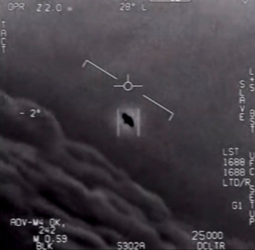 PHOTO: This video grab image obtained April 28, 2020, courtesy of the U.S. Department of Defense shows part of an unclassified video taken by Navy pilots that have circulated for years showing interactions with "unidentified aerial phenomena".