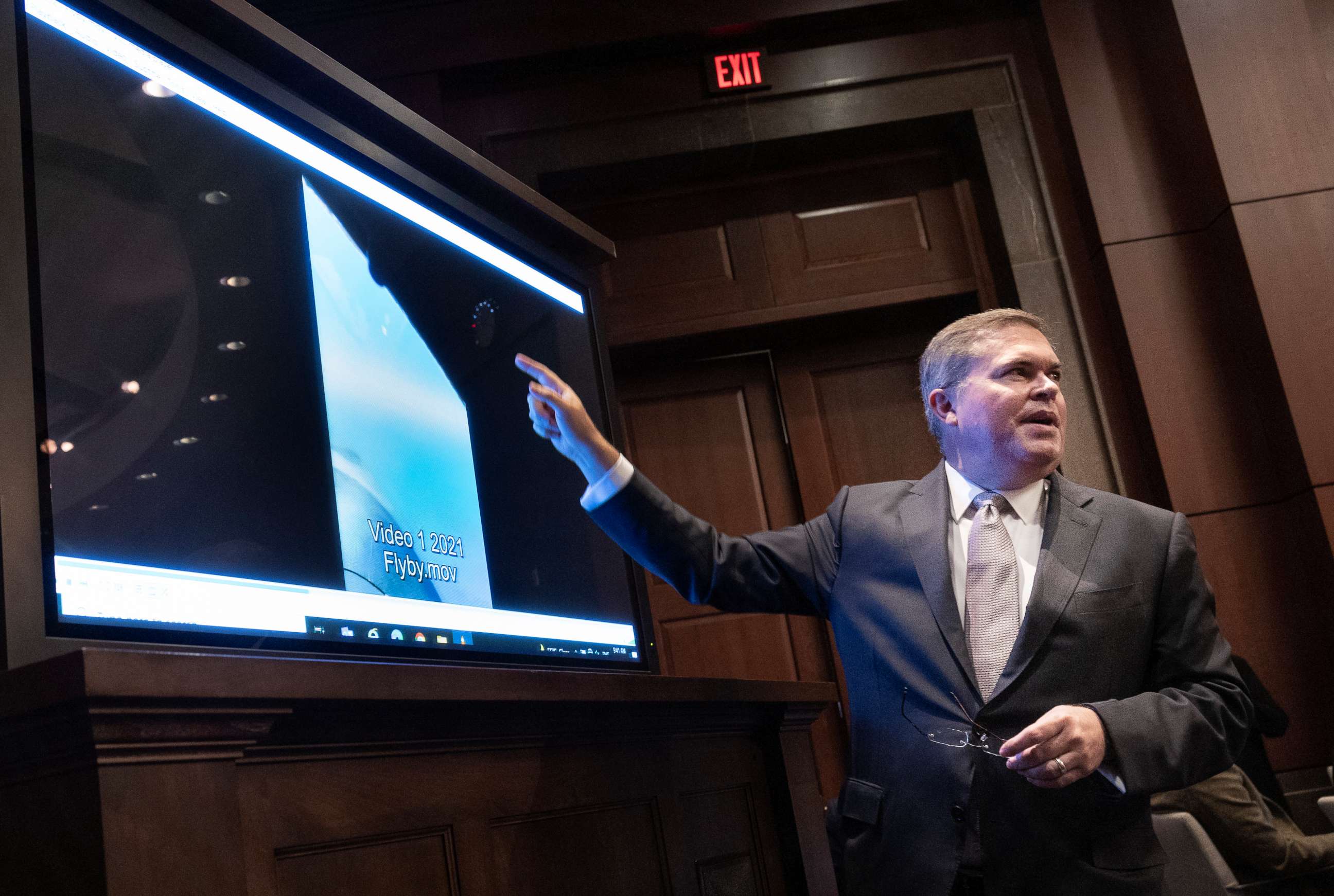 PHOTO: Deputy Director of Naval Intelligence Scott Bray explains a video of unidentified aerial phenomena, as he testifies before a House Intelligence Committee subcommittee hearing at the U.S. Capitol on May 17, 2022 in Washington, DC.