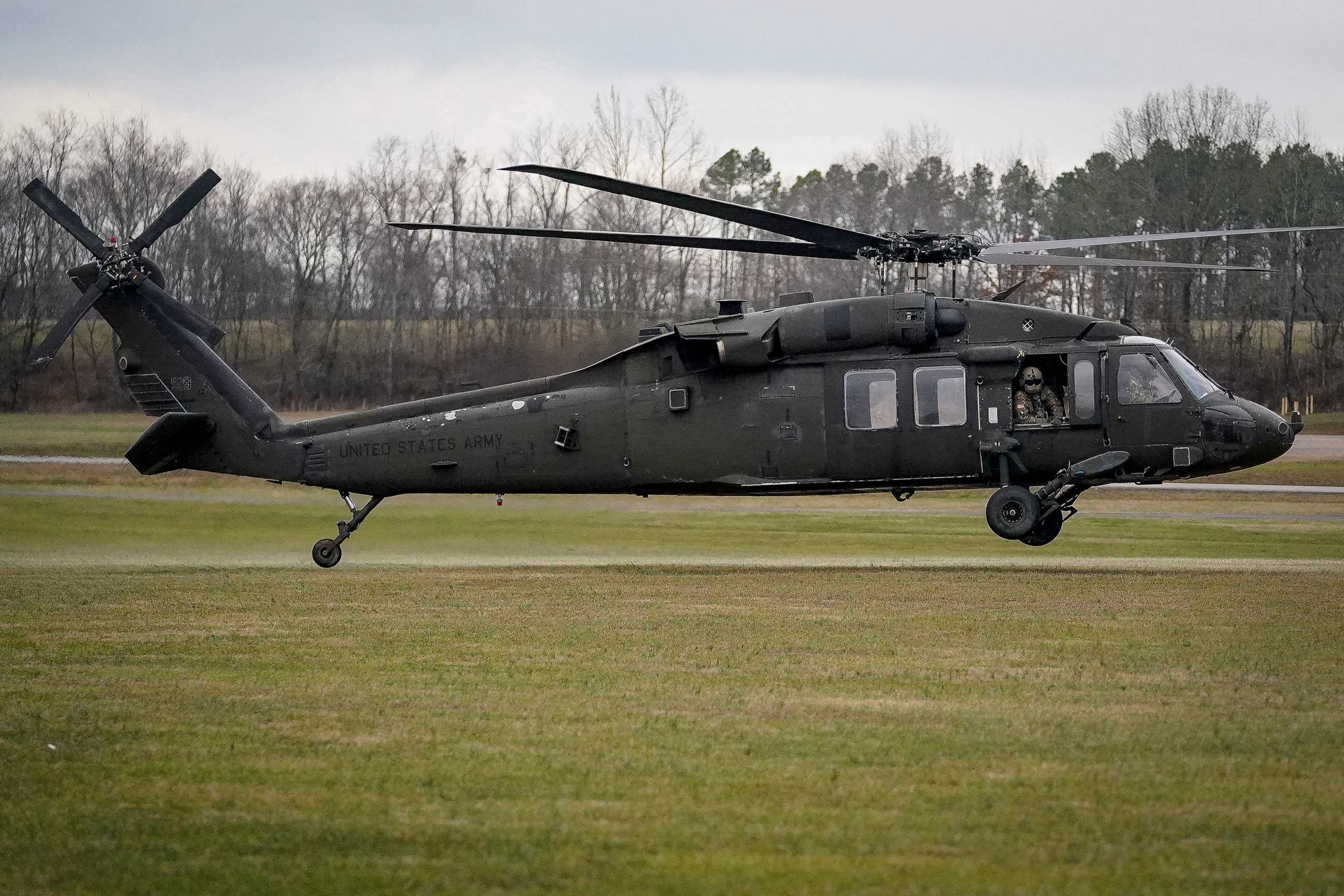 PHOTO: A UH-60 Blackhawk helicopter hovers at The United States Army Air Assault School on Fort Campbell, Kentucky. Feb 13, 2020.