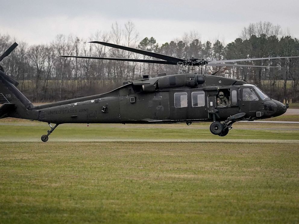PHOTO: A UH-60 Blackhawk helicopter hovers at The United States Army Air Assault School on Fort Campbell, Kentucky. Feb 13, 2020.