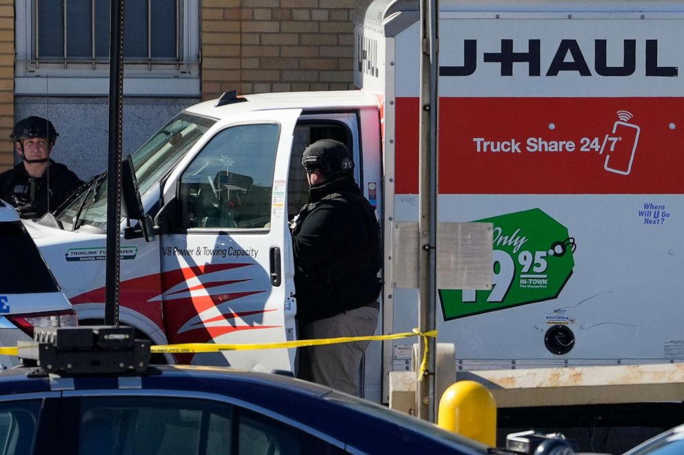 PHOTO: Members of the NYPD bomb squad examine a rental truck that was stopped and the driver arrested, Feb. 13, 2023, in New York.