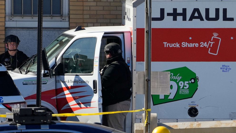 PHOTO: Members of the NYPD bomb squad examine a rental truck that was stopped and the driver arrested, Feb. 13, 2023, in New York.