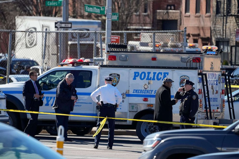 PHOTO: New York Police gather at the scene where a rental truck was stopped and the driver arrested, Feb. 13, 2023, in New York.