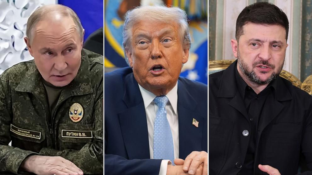 PHOTO: Russia's President Vladimir Putin in Russia, Nov. 20, 2025, President Donald Trump in Washington, Nov. 17, 2025 and Ukrainian President Volodymyr Zelenskyy in Athens, Greece, Nov. 16, 2025.