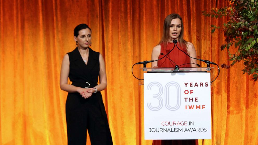 PHOTO: Honorees Ukrainian journalists Anna Babinets of SLIDSTVO.INFO and Nastya Stanko of Hromadske speak on stage during the International Women's Media Foundation's 2019 Courage in Journalism awards, Oct. 30, 2019, in New York City.