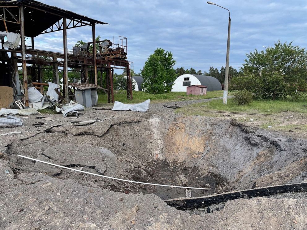 PHOTO: A site stands in ruin after several Russian cruise missiles slammed into a railway repair plant, hollowing out warehouses  in the Darnytskyy district, Kyiv, Ukraine, June 5, 2022.