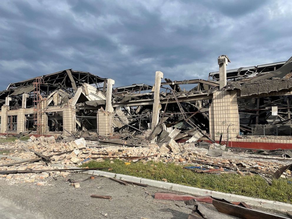 PHOTO: A site stands in ruin after several Russian cruise missiles slammed into a railway repair plant, hollowing out warehouses  in the Darnytskyy district, Kyiv, Ukraine, June 5, 2022.