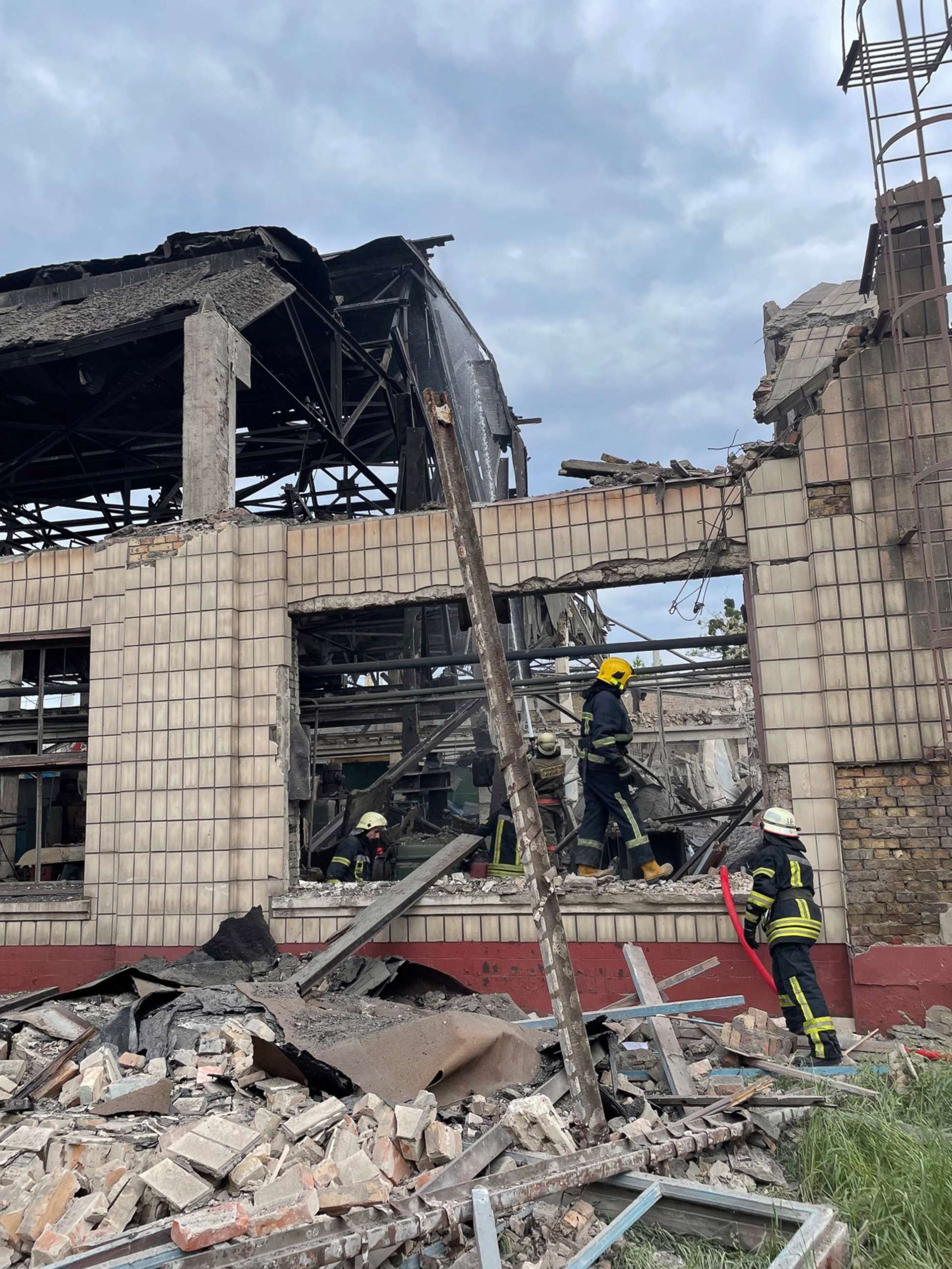 PHOTO: A site stands in ruin after several Russian cruise missiles slammed into a railway repair plant, hollowing out warehouses  in the Darnytskyy district, Kyiv, Ukraine, June 5, 2022.