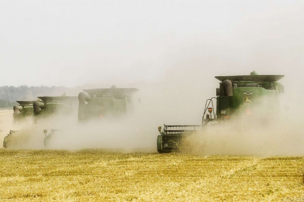 PHOTO: Combine harvesters create clouds of dust as they harvest a field of wheat on a farm operated by Kernel Holding SA in Varva, Ukraine, July 26, 2016. 