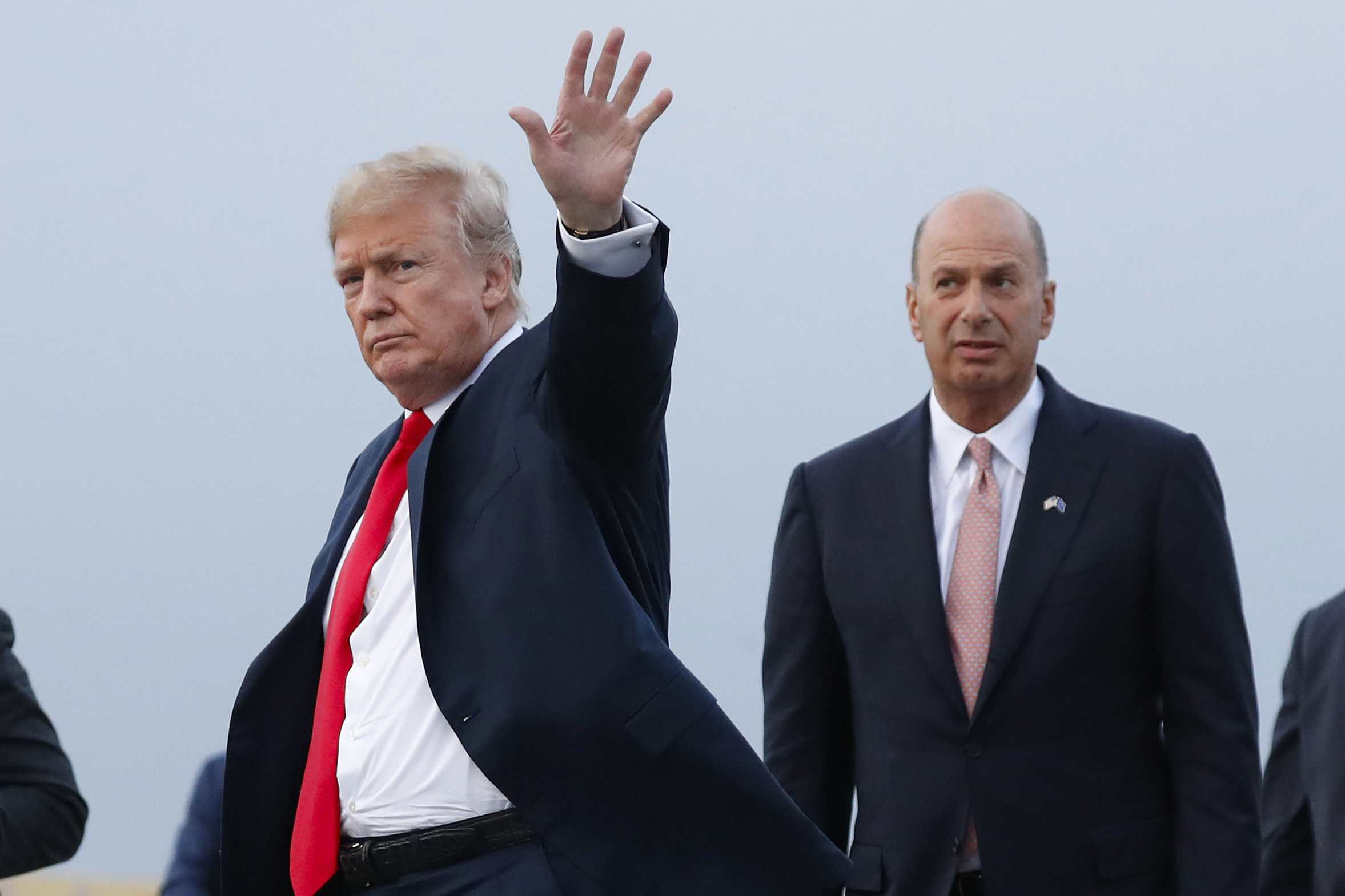 PHOTO: FILE - In this July 10, 2018, file photo, President Donald Trump is joined by Gordon Sondland, the U.S. ambassador to the European Union, second from right, as he arrives at Melsbroek Air Base, in Brussels, Belgium. 