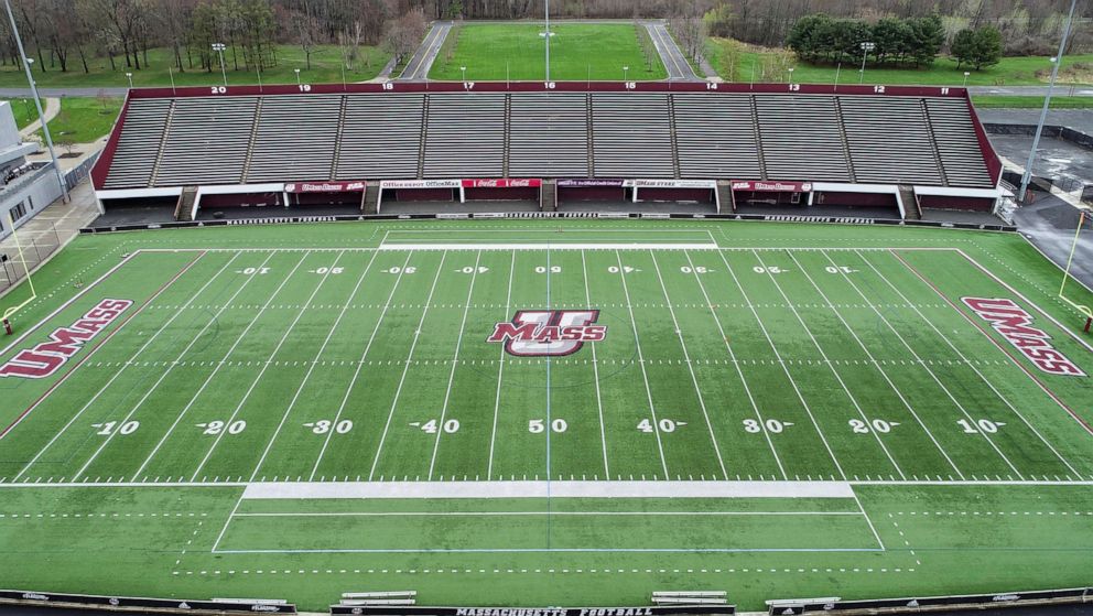 PHOTO: An aerial view of an empty McGuirk Alumni Stadium at the University of Massachusetts Amherst, on April 30, 2020, in Amherst, Mass.