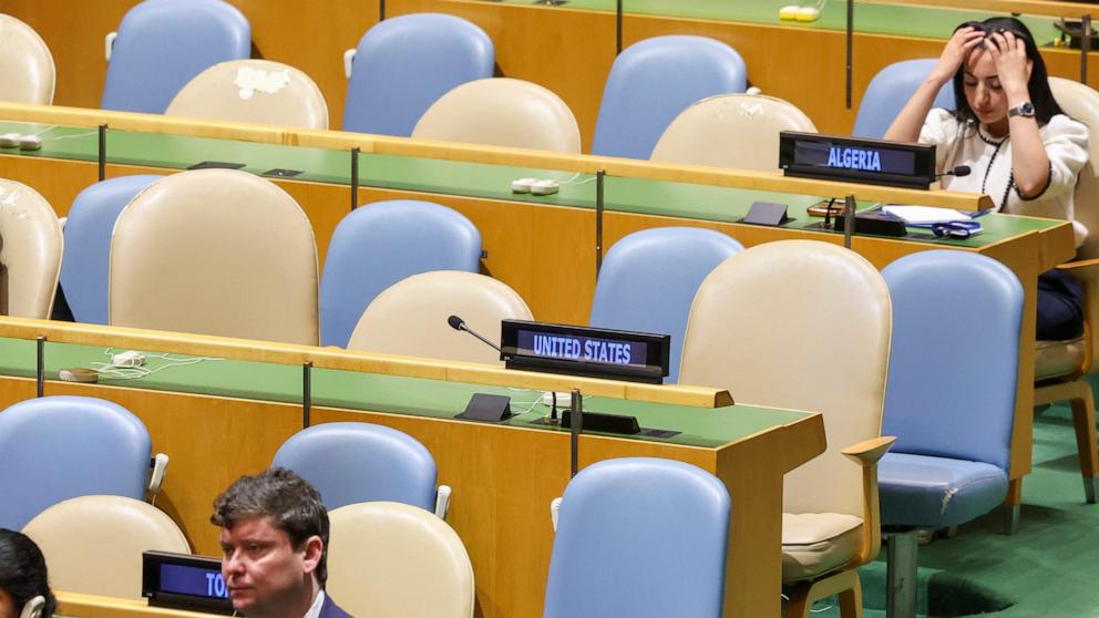 PHOTO: The United States delegation's seats are seen empty as the President of Iran Masoud Pezeshkian speaks during the General Debate of the 81st session of the United Nations General Assembly in New York, New York City, September 23, 2026.