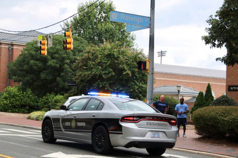 PHOTO: Law enforcement respond to the University of North Carolina at Chapel Hill campus in Chapel Hill, N.C., Aug. 28, 2023, after the university locked down and warned of an armed person on campus.