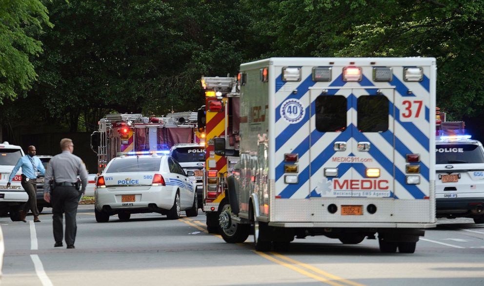 PHOTO: Emergency vehicles cluster on Mary Alexander Road on the campus of University of North Carolina at Charlotte after a shooting, April 30, 2019, in Charlotte, N.C.