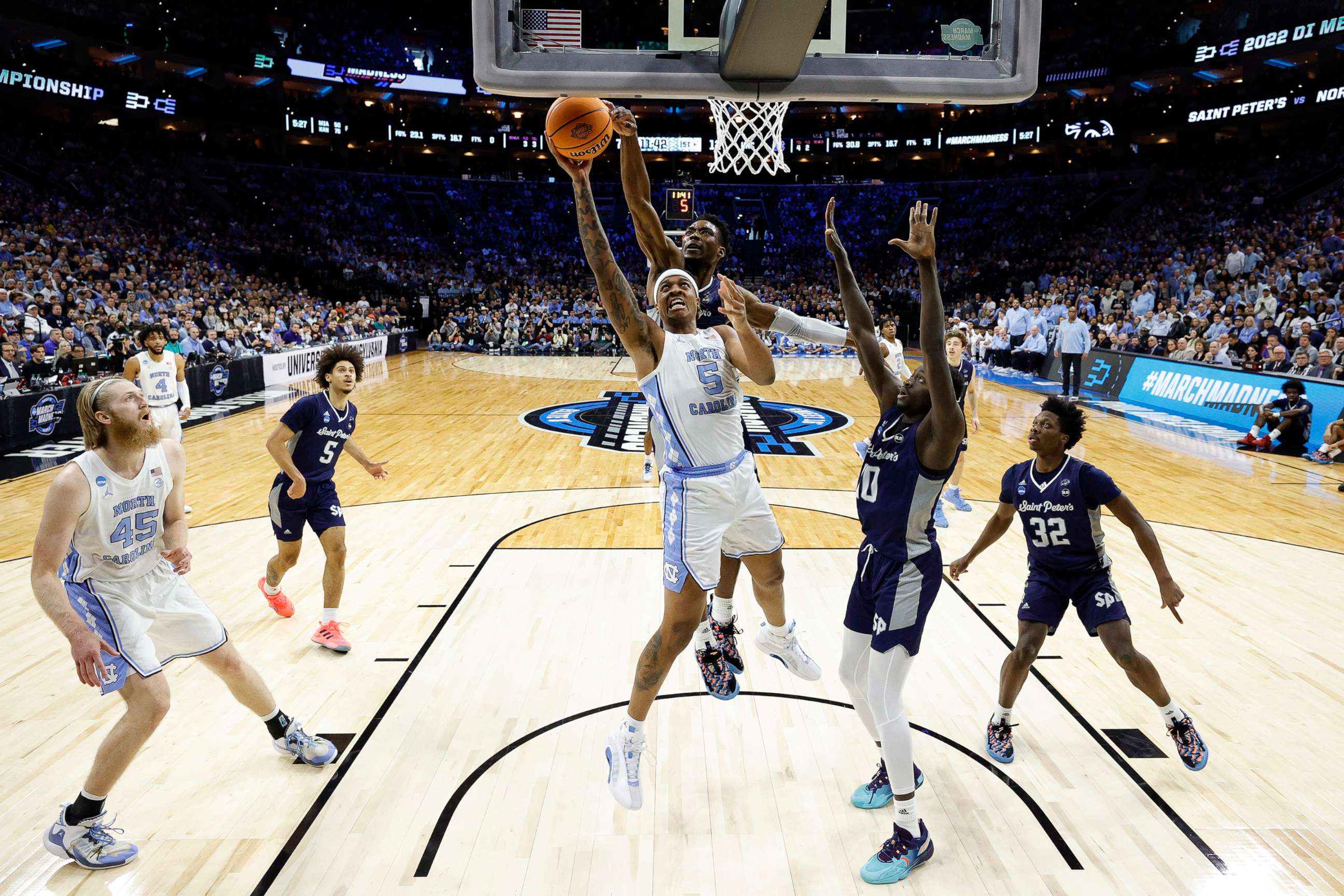 PHOTO: Armando Bacot #5 of the North Carolina Tar Heels takes a shot in the Elite Eight round game of the 2022 NCAA Men's Basketball Tournament at Wells Fargo Center on March 27, 2022, in Philadelphia, Penn.