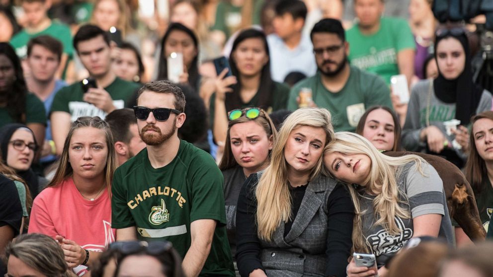 PHOTO: UNC Charlotte students participate in a vigil on campus where the previous day a gunman killed two people and injured four students on May 1, 2019 in Charlotte, N.C.