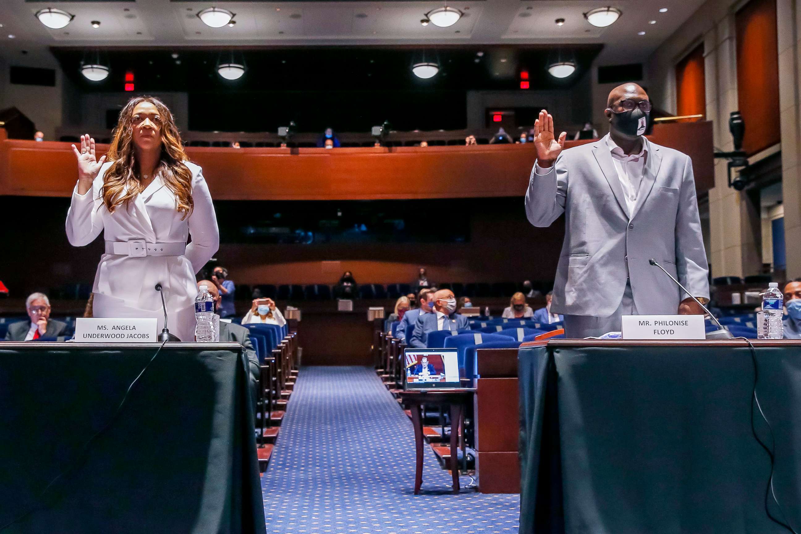 PHOTO: Lancaster, California City Council member Angela Underwood Jacobs, left, and George Floyd's brother Philonise Floyd, right, are sworn in for a House Judiciary Committee hearing, June 10, 2020, in Washington, D.C.