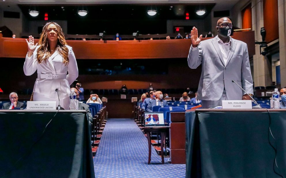 PHOTO: Lancaster, California City Council member Angela Underwood Jacobs, left, and George Floyd's brother Philonise Floyd, right, are sworn in for a House Judiciary Committee hearing, June 10, 2020, in Washington, D.C.