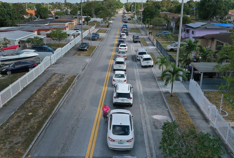 PHOTO: An aerial view from a drone shows vehicles lining up to receive unemployment applications being given out by City of Hialeah employees in front of the John F. Kennedy Library on April 08, 2020, in Hialeah, Fla.