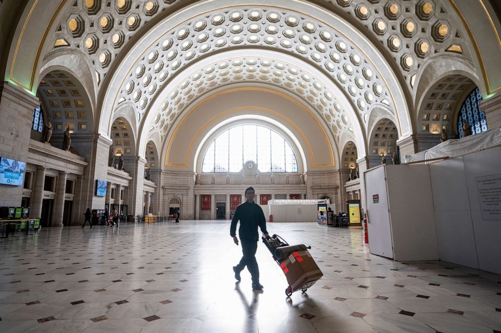 PHOTO: Washington Union Station, a major transportation hub in the nation's capital, is nearly empty during morning rush hour as many government and private sector workers stay home during the coronavirus outbreak, in Washington, D.C., March 16, 2020. 