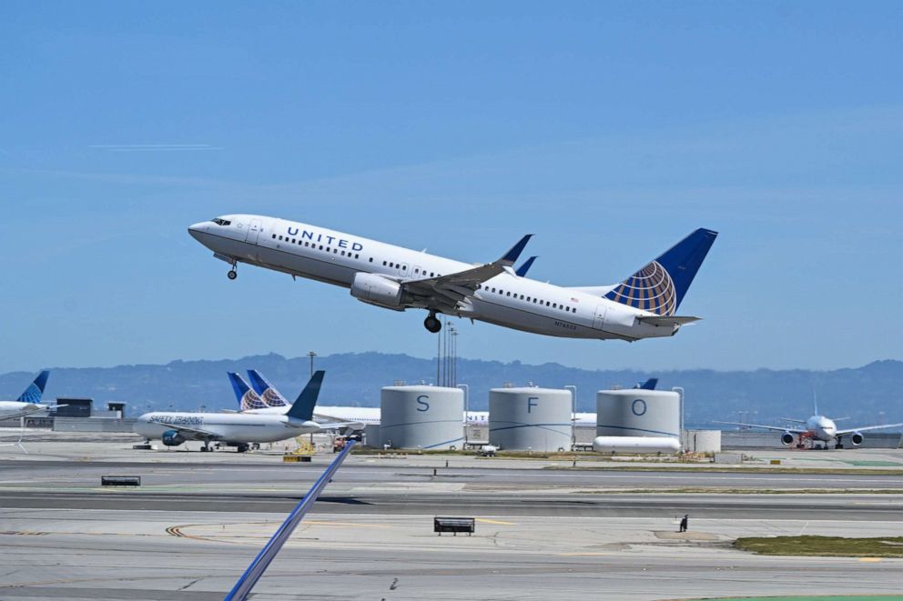 PHOTO: A United Airlines plane takes off from San Francisco International Airport (SFO) in San Francisco, April 22, 2023.
