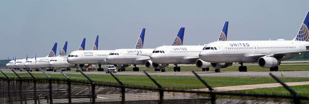 PHOTO: United Airlines planes are parked at George Bush Intercontinental Airport in Houston. March 25, 2020.