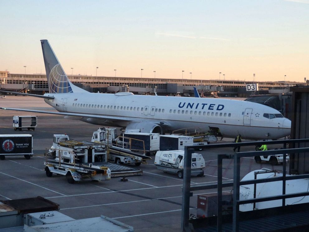 PHOTO: In this file photo taken on March 2, 2021, a United Airlines Boeing 737 plane is seen at the gate at Dulles International Airport in Dulles, Va.