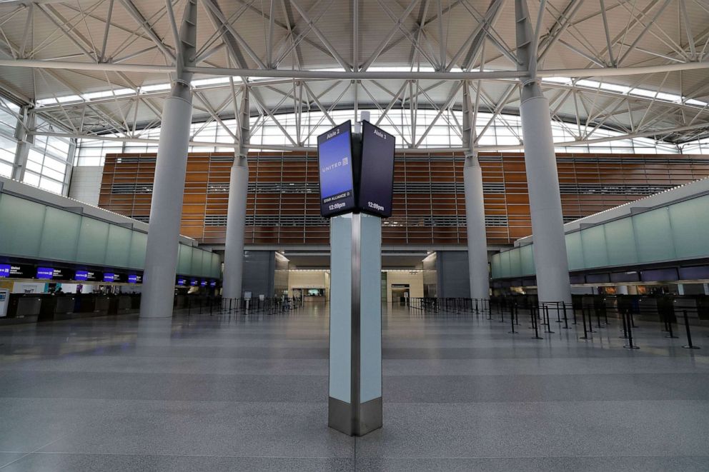 PHOTO: Closed United Airlines check-in counters at San Francisco International Airport, due to the outbreak of coronavirus and COVID-19, in San Francisco, April 6, 2020.