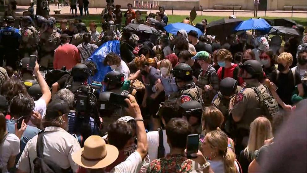 PHOTO: People protest on the University of Texas at Austin campus, April 29, 2024, in Austin, Texas.
