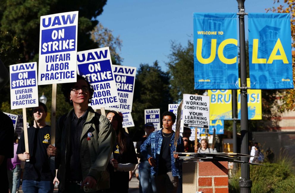PHOTO: Union academic workers and supporters march and picket at the UCLA campus amid a statewide strike by nearly 48,000 University of California unionized workers on Nov. 15, 2022, in Los Angeles.