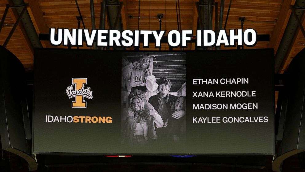 PHOTO: A photograph and the names of four University of Idaho students who were killed over the weekend at a dorm near campus are on display during a minute's silence Wednesday, November 16, 2022, in Moscow, Idaho.