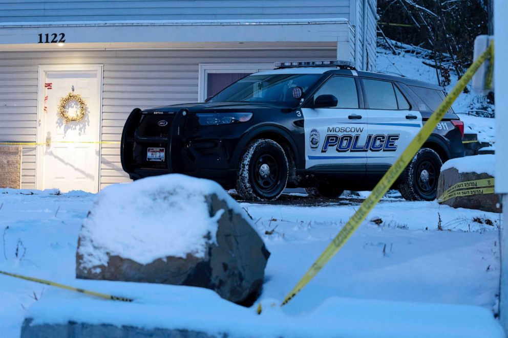 PHOTO: In this Nov. 29, 2022, file photo, a Moscow police officer stands guard in his vehicle at the home where four University of Idaho students were found dead on Nov. 13, 2022 in Moscow, Idaho.