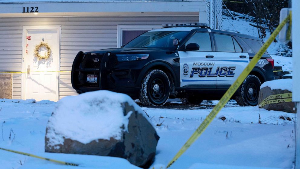 PHOTO: FILE - A Moscow police officer stands guard in his vehicle, Nov. 29, 2022, at the home where four University of Idaho students were found dead on Nov. 13, 2022 in Moscow, Idaho.