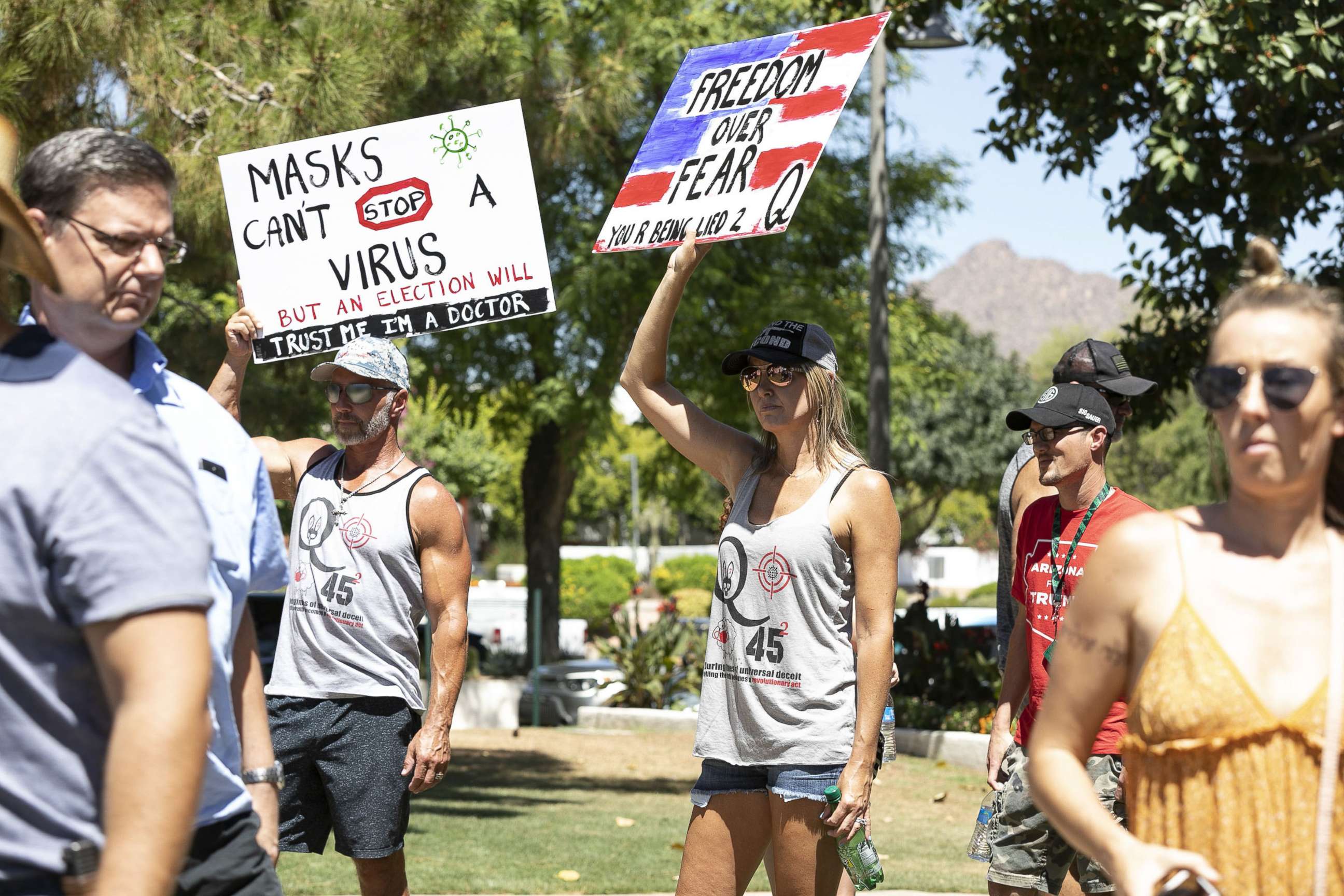 PHOTO: Protesters gather for the "Unmask Us" protest against mandatory mask wearing in Scottsdale on June 24, 2020.

Unmask Us